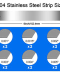 Image showing 304 stainless steel strip sizes, 1x6 inch, in thicknesses 0.001, 0.0015, 0.002, 0.003, 0.004, 0.005 inches, part of 12 Piece 304 Stainless Steel Shim Stock Set With 1 Inch Wide By 6 Inch Long Shims In Thicknesses 0.001 0.0015 0.002 0.003 0.004 0.005 Inch For Precise Fits Easy Machining And Rust Resistant Gasket Or Fabrication Projects.