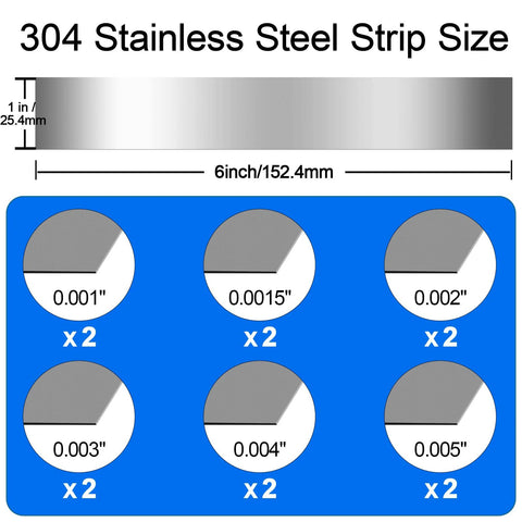 Image showing 304 stainless steel strip sizes, 1x6 inch, in thicknesses 0.001, 0.0015, 0.002, 0.003, 0.004, 0.005 inches, part of 12 Piece 304 Stainless Steel Shim Stock Set With 1 Inch Wide By 6 Inch Long Shims In Thicknesses 0.001 0.0015 0.002 0.003 0.004 0.005 Inch For Precise Fits Easy Machining And Rust Resistant Gasket Or Fabrication Projects.