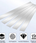 10 Pcs 12 Inch Stainless Steel Shim Stock Strips 0.02 Inch Thick 1 Inch Wide 304 Stainless Steel Gap Filler Thin Flat Metal Shims For Machinery DIY Projects Rust Resistant Built To Last displaying five slim, shiny metal strips with icons highlighting 304 stainless steel, anti-fingerprint, corrosion resistance, and smooth surface without burrs features.