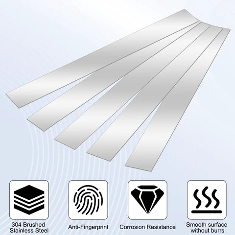 10 Pcs 12 Inch Stainless Steel Shim Stock Strips 0.02 Inch Thick 1 Inch Wide 304 Stainless Steel Gap Filler Thin Flat Metal Shims For Machinery DIY Projects Rust Resistant Built To Last displaying five slim, shiny metal strips with icons highlighting 304 stainless steel, anti-fingerprint, corrosion resistance, and smooth surface without burrs features.