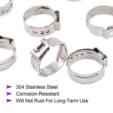 304 Stainless Steel Single Ear Hose Clamp Kit 35Pcs 15.3mm 18.5mm Crimp Ear Clamps Assortment for automotive and home appliance.