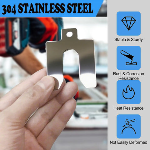 40 Piece 304 Stainless Steel Slotted Shim Kit With 8 Different Thicknesses And 5 Pieces Each 2 Inch By 2 Inch Spacers Laser Cut Precision Rust Resistant Durable Steel Shims In Sturdy Storage Box For Auto Machinery And Cabinet Work For Pros And DIYers.