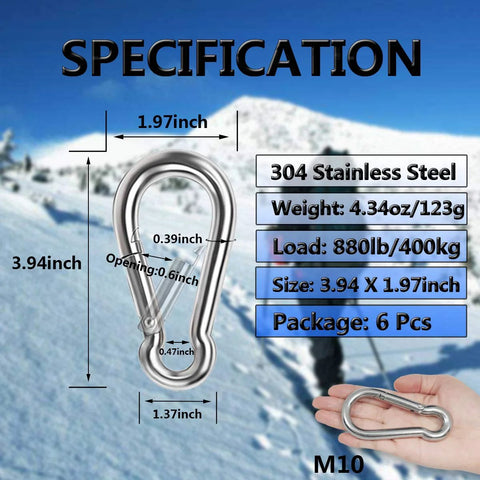 Heavy Duty 304 Stainless Steel Spring Snap Hooks Set Of Six Four Inch Large Clips With Three Eighth Inch Opening for specification details