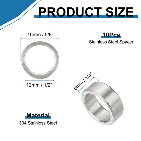 304 Stainless Steel Spacer Set 10 Pcs Round Metal Spacer 1/2 Inch Bore By 5/8 Inch OD By 1/4 Inch Length Unthreaded Screw Standoff For 3/8 Inch Screws Bolts And Rods