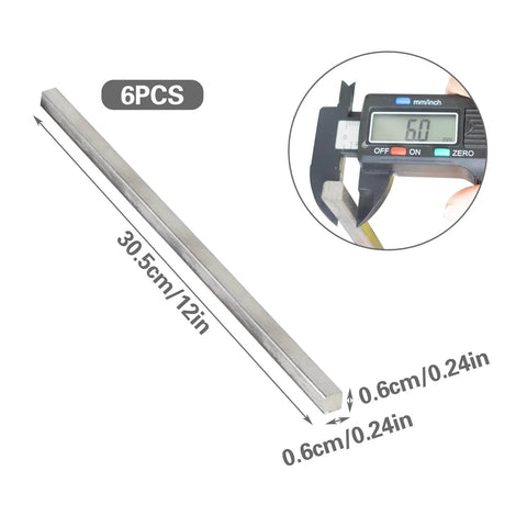 Six Piece Set Of 0.25 Inch By 0.25 Inch By 12 Inch 304 Stainless Steel Square Bar Key Stock shown with caliper measurement