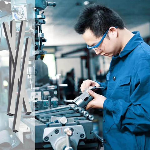 Six Piece Set Of 0.25 Inch By 0.25 Inch By 12 Inch 304 Stainless Steel Square Bar Key Stock shown with a machinist at work