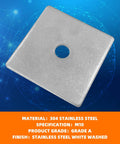 Premium 304 stainless steel square washer plates, 2.4 inch outer diameter, 3 mm thick, on blue background with specs displayed
