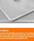 Close-up of Premium 304 stainless steel square washer plates, 2.4 inch outer diameter, 3 mm thick, 3/8 inch bore for load distribution.
