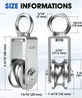 U Type Swivel Pulley Block, 304 Stainless Steel Pulleys for Wire Rope Cable Lifting, size dimensions with front and side view
