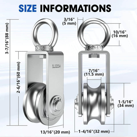 U Type Swivel Pulley Block, 304 Stainless Steel Pulleys for Wire Rope Cable Lifting, size dimensions with front and side view