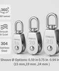 304 Stainless Steel Swivel Pulley Block M20, 3/4 in (0.75") Single Wheel shown with 360° swivel and size options