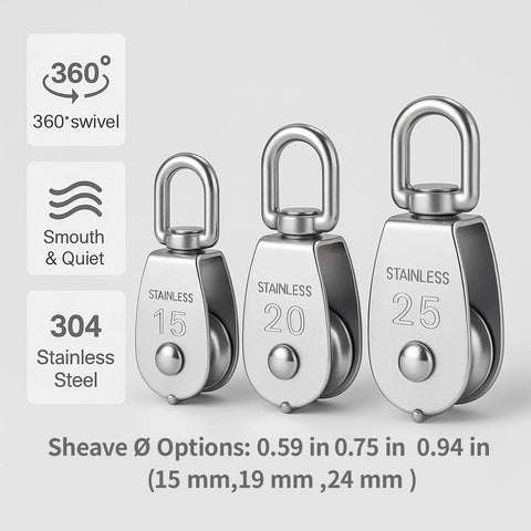 304 Stainless Steel Swivel Pulley Block M20, 3/4 in (0.75") Single Wheel shown with 360° swivel and size options