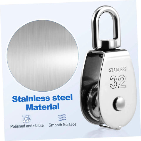 Close-up of 304 Stainless Steel Single Block Pulley with swivel, showing stainless steel material and smooth, polished surface