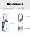 304 Stainless Steel Swivel Pulley Block M20, 3/4 in (0.75") Single Wheel, showing dimensions and side view.