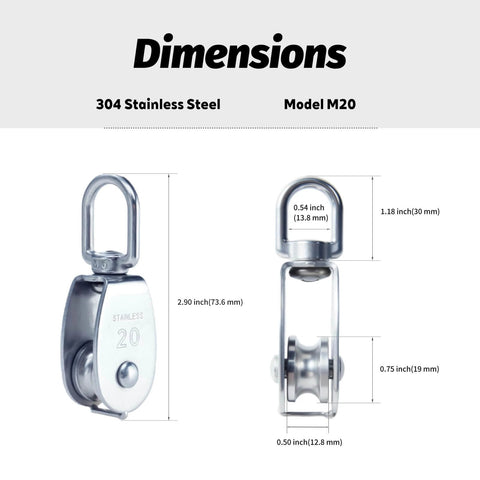 304 Stainless Steel Swivel Pulley Block M20, 3/4 in (0.75") Single Wheel, showing dimensions and side view.