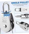 304 Stainless Steel Single Block Pulley 3 Pack Heavy Duty Swivel Pulley for Lifting Rope Pulling and DIY Projects shown in 360-degree view