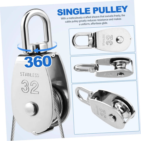 304 Stainless Steel Single Block Pulley 3 Pack Heavy Duty Swivel Pulley for Lifting Rope Pulling and DIY Projects shown in 360-degree view