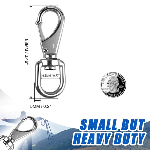 Close-up of 304 Stainless Steel Swivel Snap Hook 3.5 Inch with measurements, showing heavy duty design next to a coin for scale.