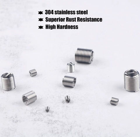 Rugged 304 Stainless Steel Helical Thread Repair Kit With 200 Piece Assortment showing stainless steel inserts on white background