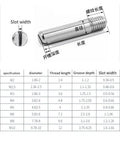 Diagram of 304 Stainless Steel Male To Female Threaded Locating Pins with measurements and size chart