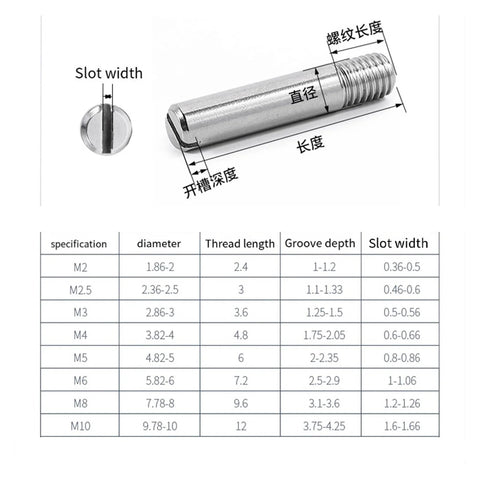 Diagram of 304 Stainless Steel Male To Female Threaded Locating Pins with measurements and size chart
