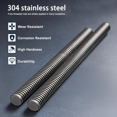 3/8-24 stainless steel fully threaded rods, 12 inch length with right hand fine thread, corrosion resistant 304 stainless steel