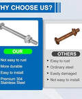 Comparison of Trailer Coupler Bolt Kit For Cam-Style Couplers 5/16 Inch 304 Stainless versus ordinary steel bolt, highlighting corrosion resistance.