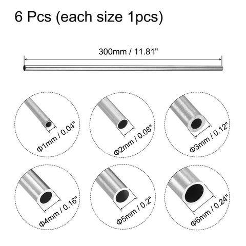 Image of 304 Stainless Steel Tube, 1mm 2mm 3mm 4mm 5mm 6mm OD 0.15mm/0.6mm Wall Thickness 300mm Length, Pack of 6, showing size details.