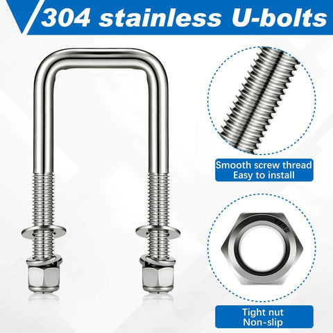 Heavy Duty 4 Piece 304 Stainless Steel Square U Bolts Set for Boat Trailers with Washers Lock Washers Nylon Lock Nuts and Nuts Half Inch Diameter by Two and One Sixteenth Inch Wide by Four and Three Quarters Inches