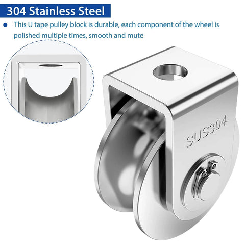 304 stainless steel 2 Pack 2 Inch Pulley Block U Grooved Wheel Pulley with smooth surface for heavy duty material handling.