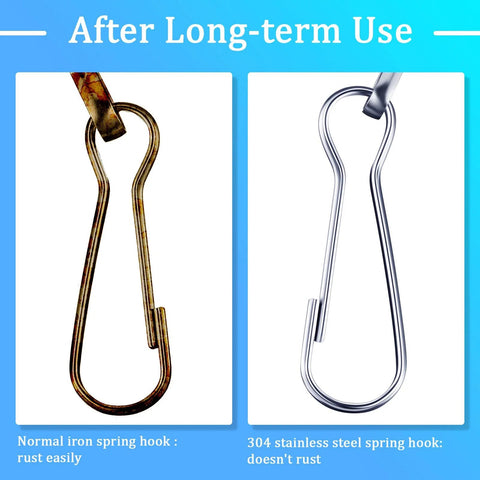 Comparison of rusted iron vs. Premium 304 Stainless Steel Spring Hooks Set 250 Pieces in Six Sizes.