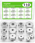 110 Pcs 304 Stainless Steel Metal Flat Washers Assortment Kit in clear box, featuring 12 sizes from M3 to M12 for various applications