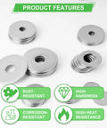 110 Pcs 304 Stainless Steel Metal Flat Washers for Screws and Bolts, Fender Washers Assortment Kit, features durability and resistance icons