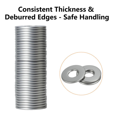 Stack of 304 stainless steel pop rivet backup washers for 5mm rivets showing deburred edges for safe handling.