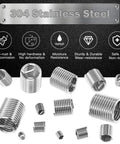 84 Piece 304 Stainless Steel Wire Thread Inserts Helicoil Type Screw Repair Sleeve Kit With M3 M4 M5 M6 M8 M10 M12 Sizes In A Grid Case For Strong Durable Thread Repair On Metal And Plastic Projects - various thread inserts displayed, highlighting anti-rust, hardness, and moisture resistance properties.