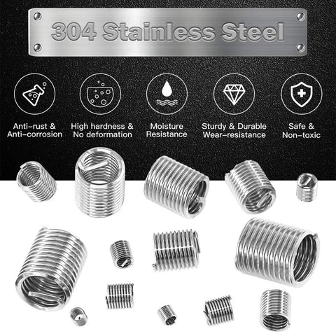 84 Piece 304 Stainless Steel Wire Thread Inserts Helicoil Type Screw Repair Sleeve Kit With M3 M4 M5 M6 M8 M10 M12 Sizes In A Grid Case For Strong Durable Thread Repair On Metal And Plastic Projects - various thread inserts displayed, highlighting anti-rust, hardness, and moisture resistance properties.