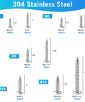 300 Pcs Stainless Steel Wood Screws Assortment Kit with 9 Sizes #4 #6 #8 #10 #12 showing sizes from 1/4 to 1-1/2 inches.