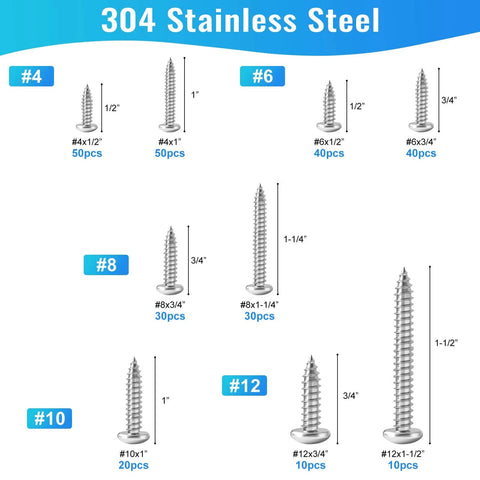 300 Pcs Stainless Steel Wood Screws Assortment Kit with 9 Sizes #4 #6 #8 #10 #12 showing sizes from 1/4 to 1-1/2 inches.