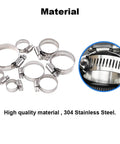 100 Pieces Adjustable 8-44mm 304 Stainless Steel Worm Gear Hose Clamps Assortment Kit shown with close-up of material quality