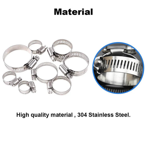 100 Pieces Adjustable 8-44mm 304 Stainless Steel Worm Gear Hose Clamps Assortment Kit shown with close-up of material quality
