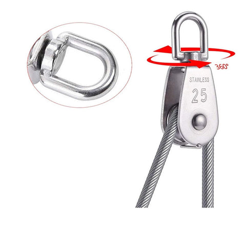 304 Stainless Steel Pully Single Wheel Swivel Pulley Block Lifting Rope 25mm Set close-up showing wheel and swiveling mechanism.