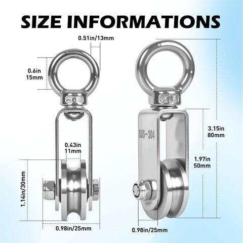 Cable Pulley Wheel 304 Stainless Steel Swivel Pulley with Ball Bearing 360 Degree Rotation U Groove 30mm size dimensions