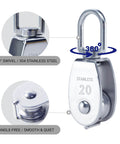 304 Stainless Steel Swivel Pulley Block M20, 3/4 in (0.75") Single Wheel, Pack of 6, showing 360° swivel and stainless steel construction.