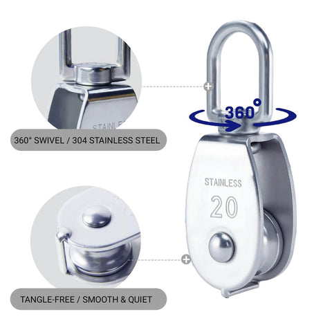 304 Stainless Steel Swivel Pulley Block M20, 3/4 in (0.75") Single Wheel, Pack of 6, showing 360° swivel and stainless steel construction.