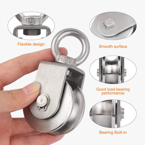 Hand holding Swivel Pulley Block With Bearing Inside 304 Stainless Steel Heavy Duty Cable Wheel For Gym Pulley System 48mm 2 Pack
