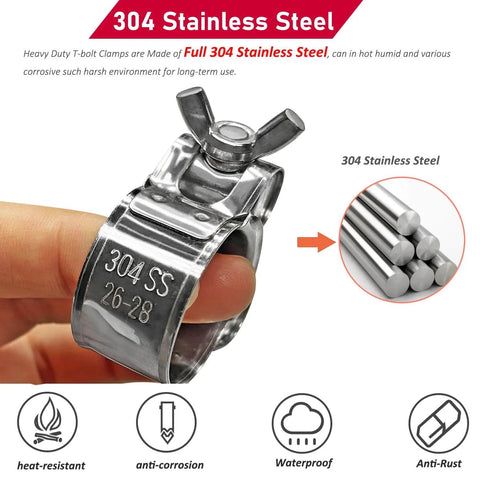 304 Stainless Steel T Bolt Hose Clamps With Handle For Intercooler Pipes And Tubes 26-28mm OD Range Adjustable Heavy Duty