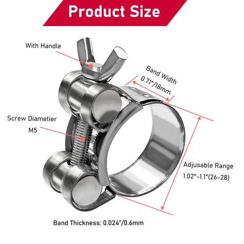 304 Stainless Steel T Bolt Hose Clamps With Handle For Intercooler Pipes And Tubes 26-28mm OD Range Adjustable Heavy Duty Clamp Pack Of 4