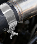304 Stainless Steel T Bolt Hose Clamp With Handle For Intercooler Pipes And Tubes installed on pipe, close-up view