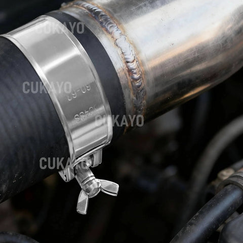 304 Stainless Steel T Bolt Hose Clamp With Handle For Intercooler Pipes And Tubes installed on pipe, close-up view