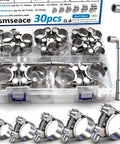 304 Stainless Steel T Bolt Hose Clamps Set 28 Piece Assortment Kit 17 To 35mm With Six Size Ranges and M8 M10 Wrenches visible in packaging